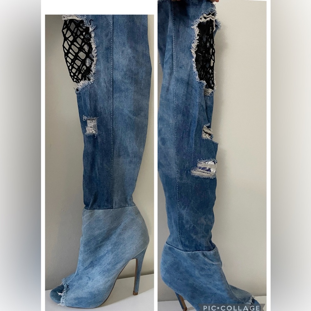 Blue Denim Knee High Peep Toe Boots Party Club Streetwear Festival